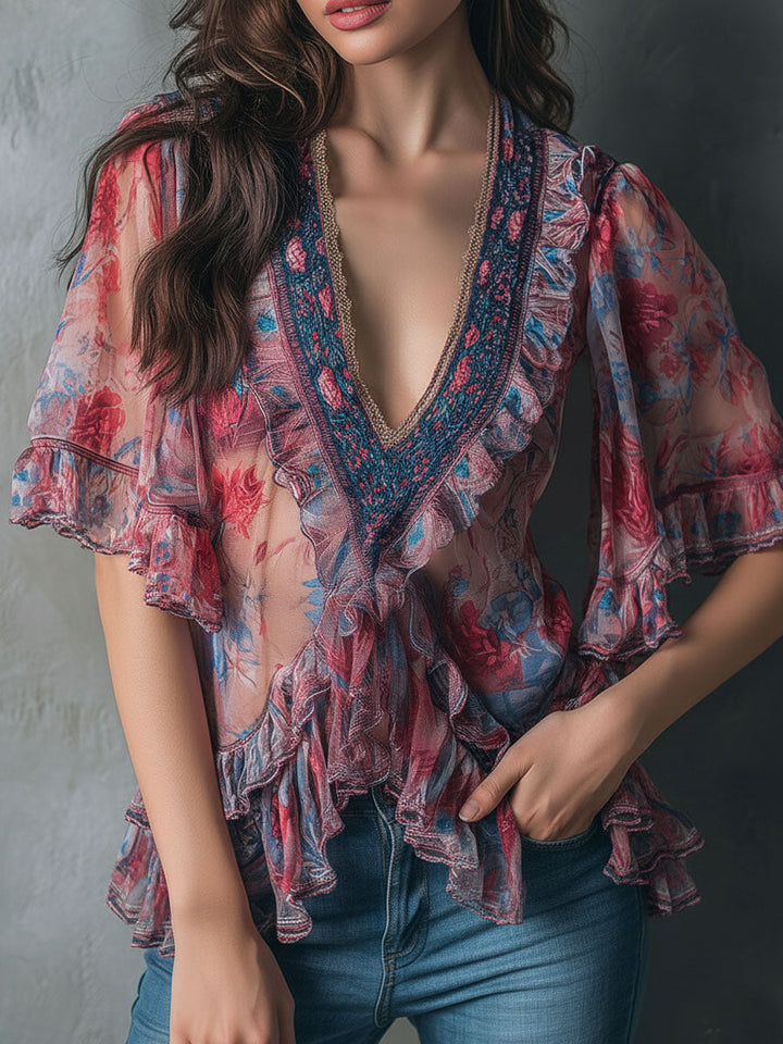 Bohemian V-Neck Blouse with Sheer Floral Details