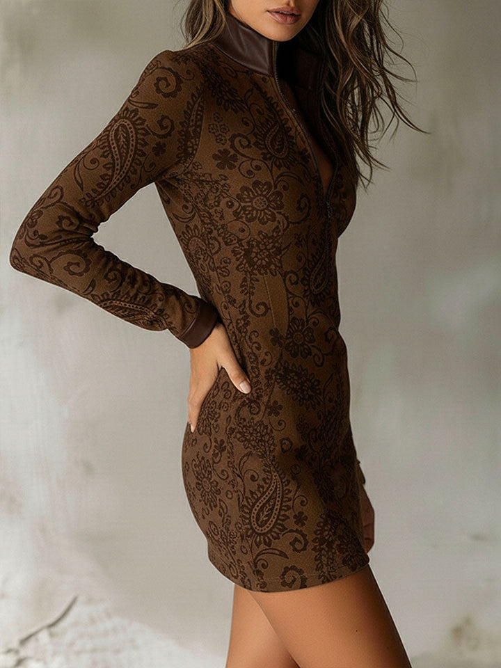 Retro Paisley Jacquard Mini Dress with Leather Accents and Zip Collar