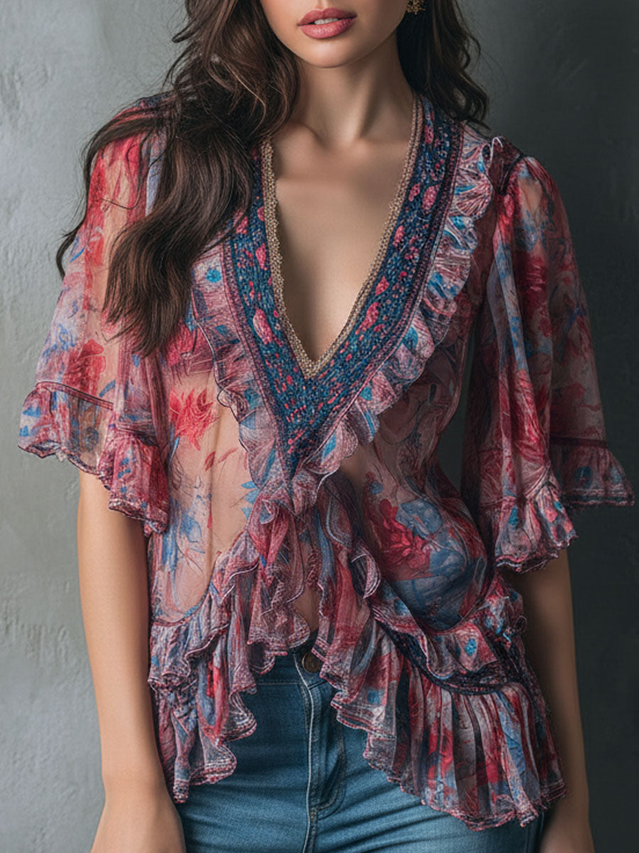Bohemian V-Neck Blouse with Sheer Floral Details