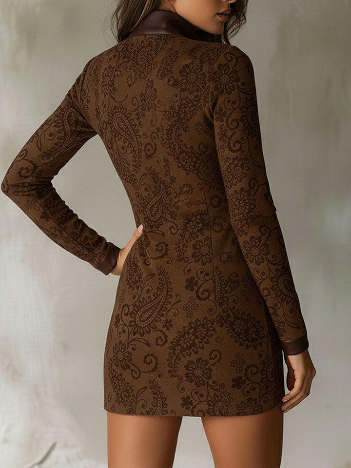 Retro Paisley Jacquard Mini Dress with Leather Accents and Zip Collar