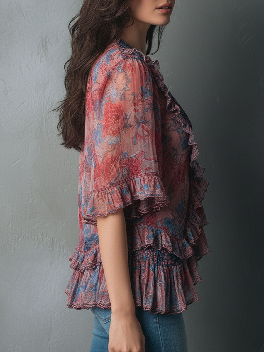 Bohemian V-Neck Blouse with Sheer Floral Details