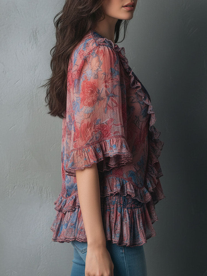 Bohemian V-Neck Blouse with Sheer Floral Details