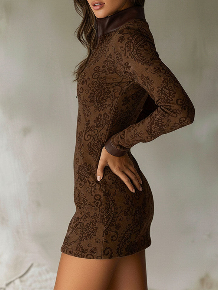 Retro Paisley Jacquard Mini Dress with Leather Accents and Zip Collar