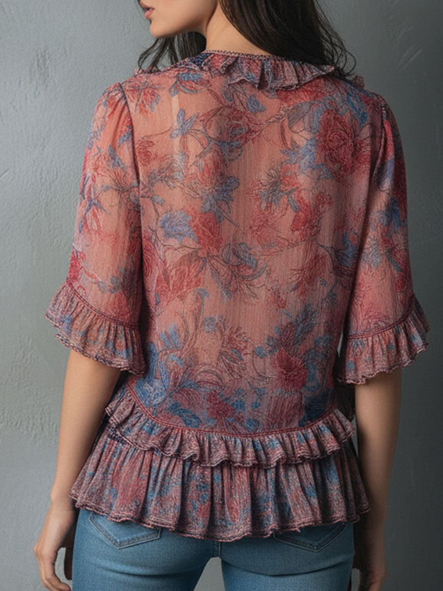 Bohemian V-Neck Blouse with Sheer Floral Details