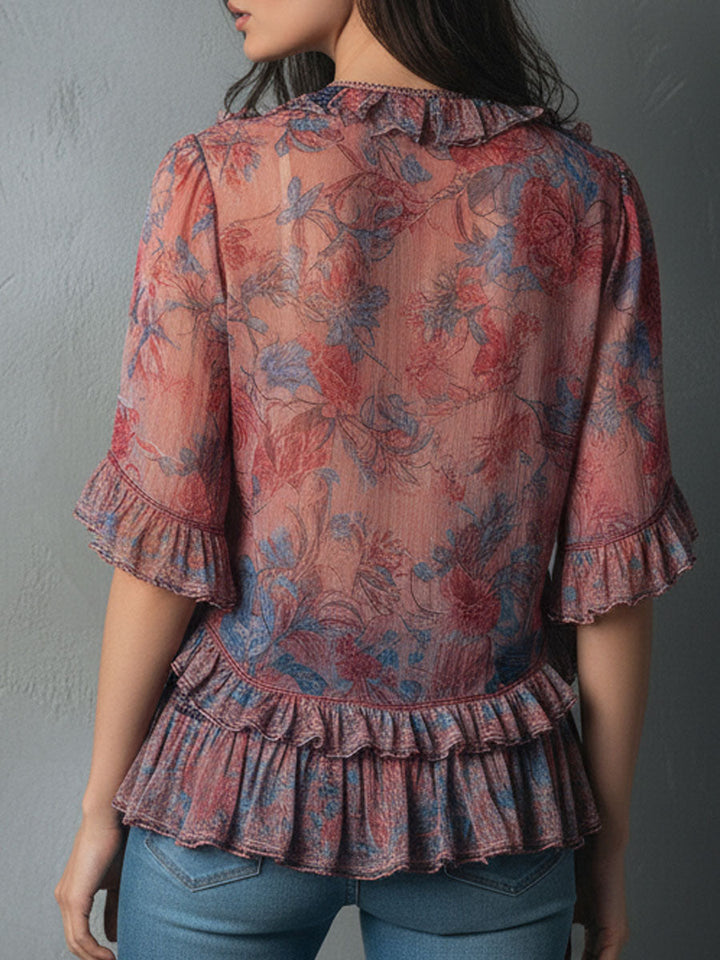 Bohemian V-Neck Blouse with Sheer Floral Details