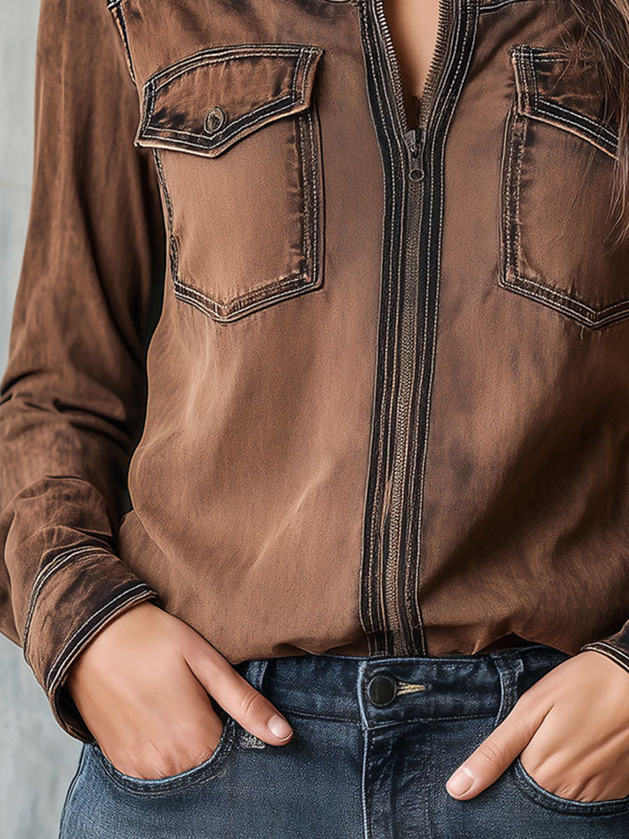 Retro Brown Zip Jacket with Contrast Stitch Details