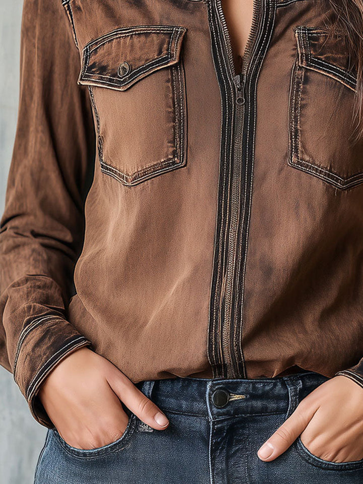 Retro Brown Zip Jacket with Contrast Stitch Details