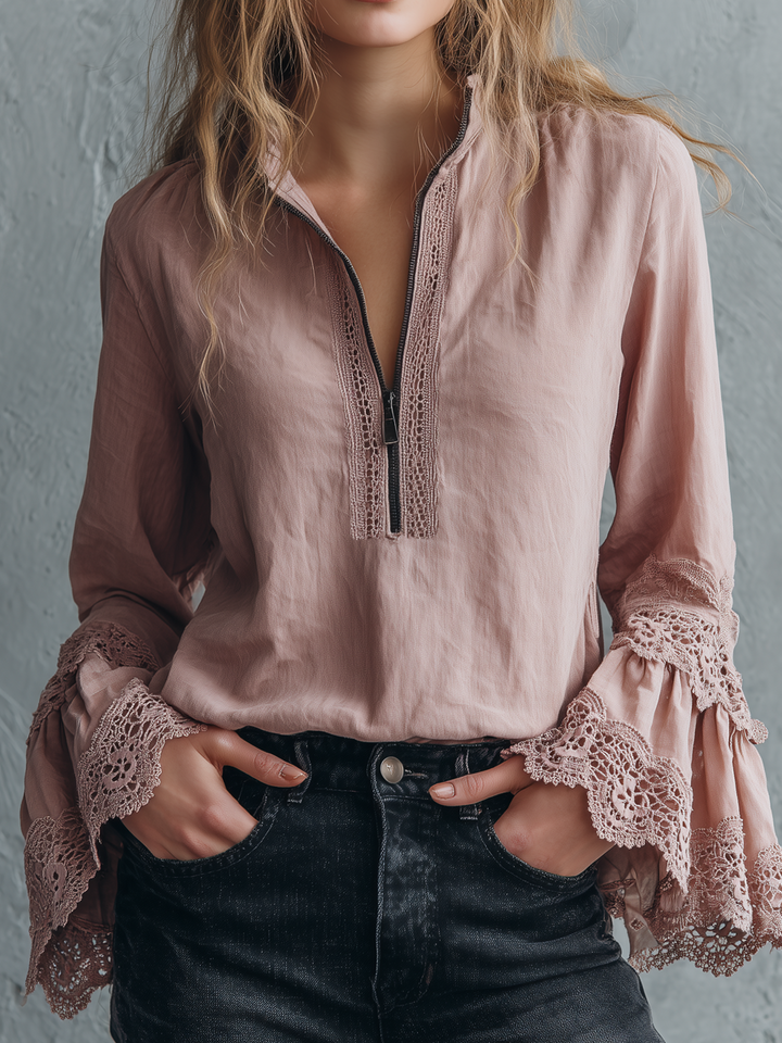 Retro Zip Collar Blouse with Lace Cuffs - Long Sleeve Style