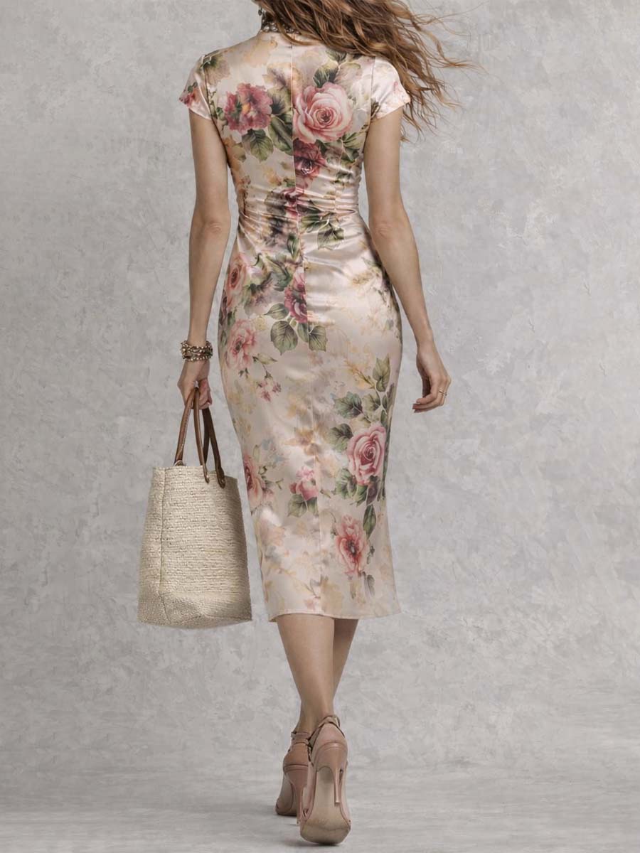 Floral Print Midi Satin Dress with Side Slit