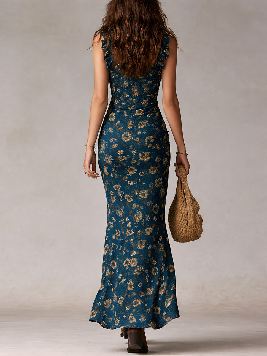 Bohemian Maxi Dress with Striped Sleeves and High Slit