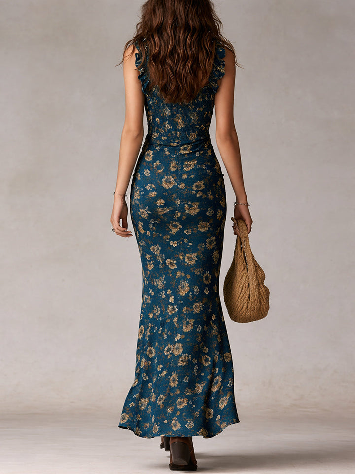 Bohemian Maxi Dress with Striped Sleeves and High Slit