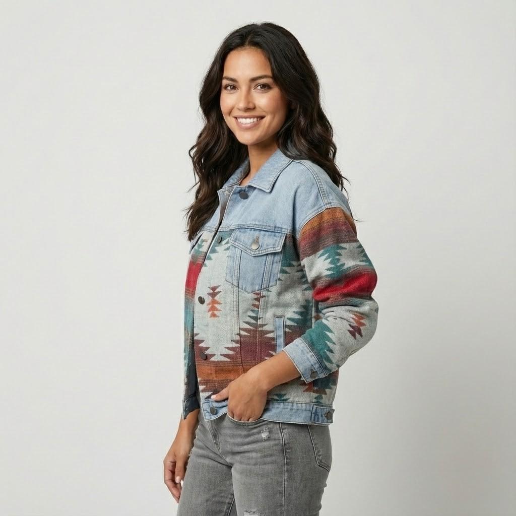 Straight-Cut Short Cotton Jacket with Ethnic Print