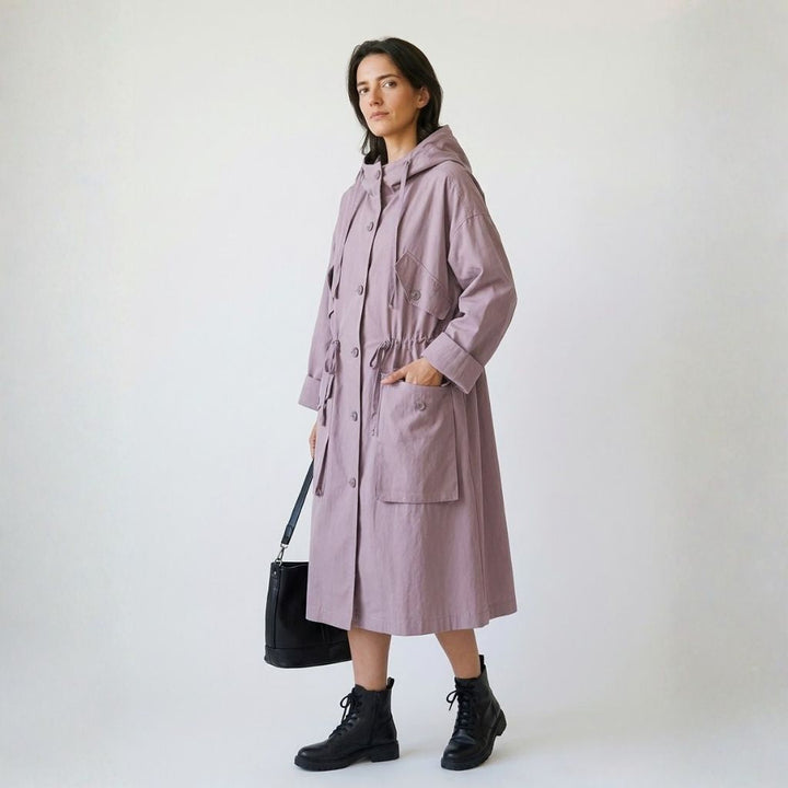 Adjustable Hood Long Parka in Cotton-Polyester Blend with Utility Pockets