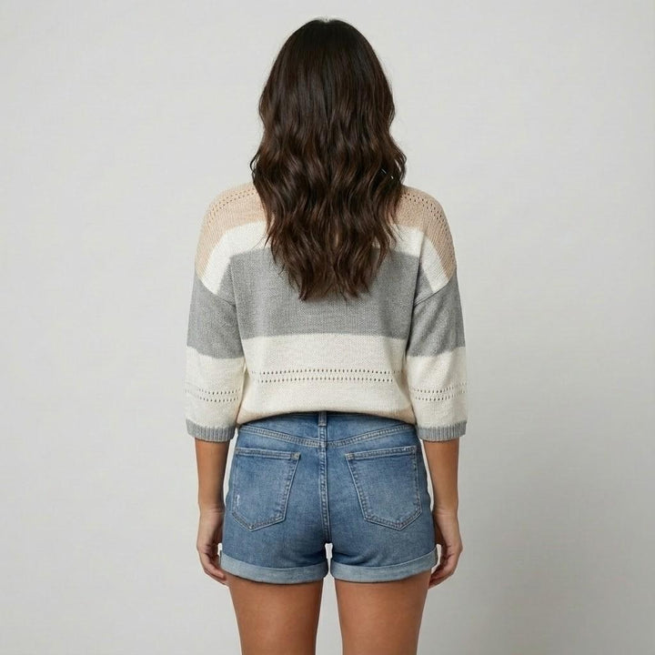 V-Neck Light Striped Sweater with Short Wide Sleeves