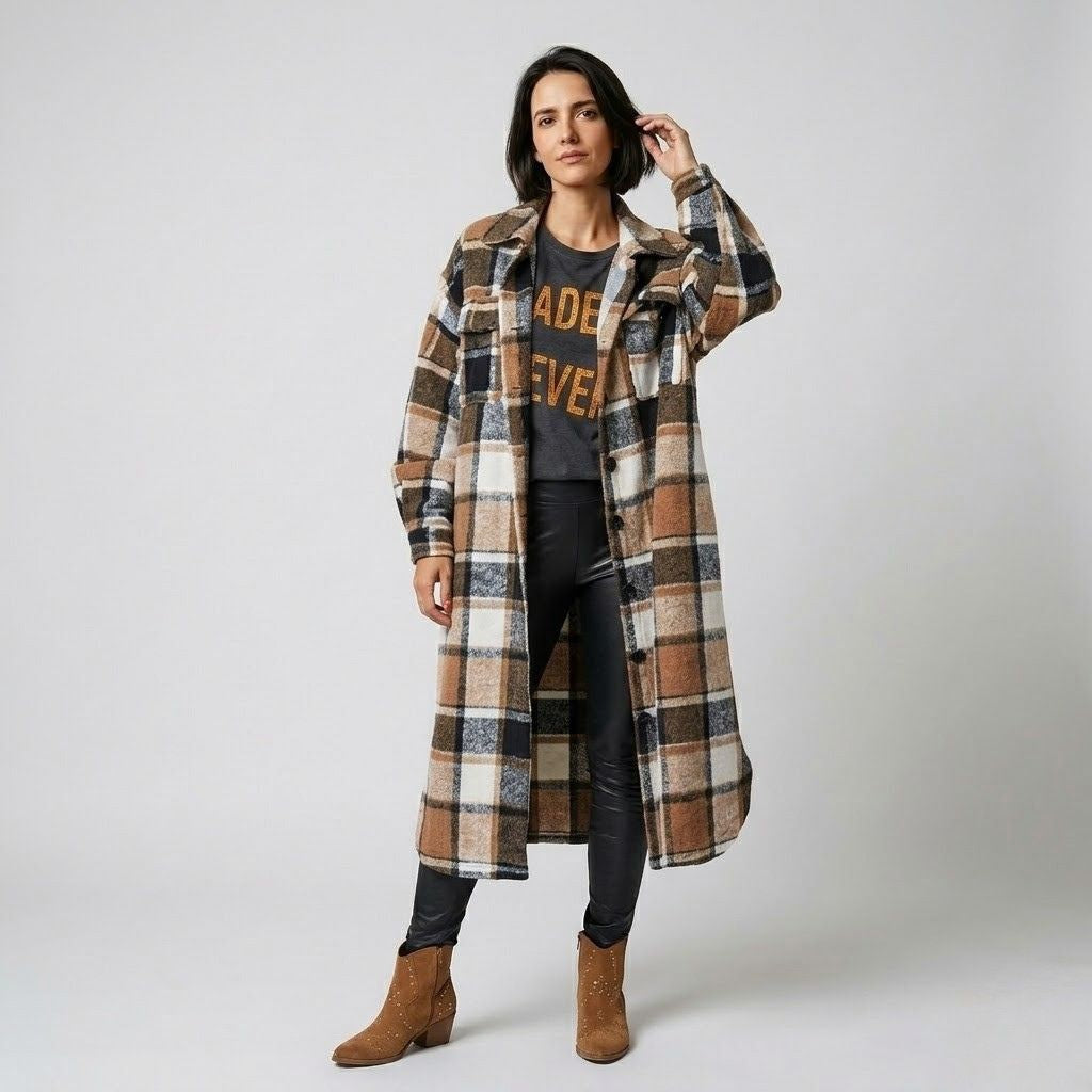 Checkered Long Polyester Coat with Unique Design