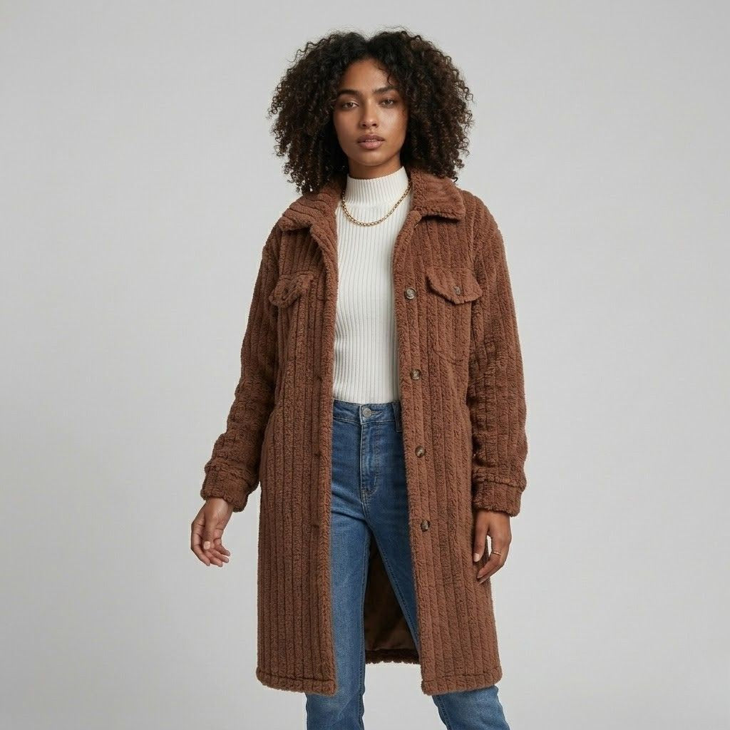 Textured Long Coat in a Soft Polyester-Cotton Blend with Front Pockets