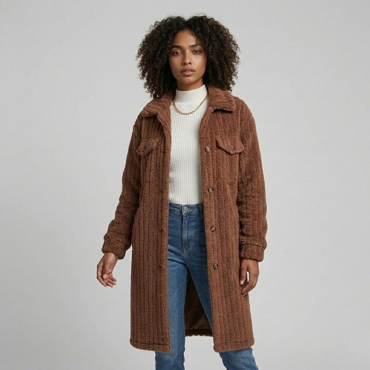 Textured Long Coat in a Soft Polyester-Cotton Blend with Front Pockets