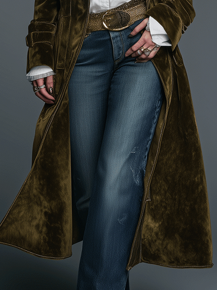 Bohemian Olive Velvet Long Coat with Leopard Print Collar