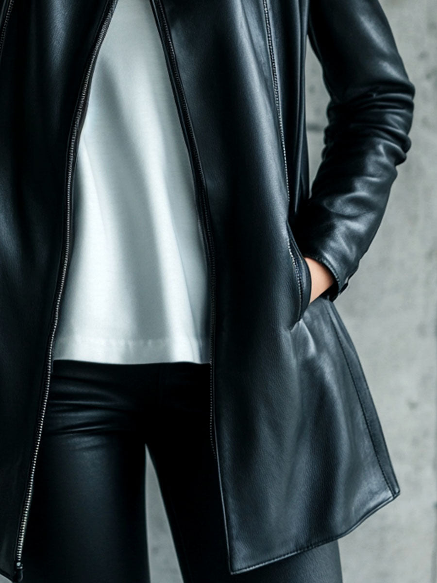 Solid Color Women's Hooded Synthetic Leather Jacket