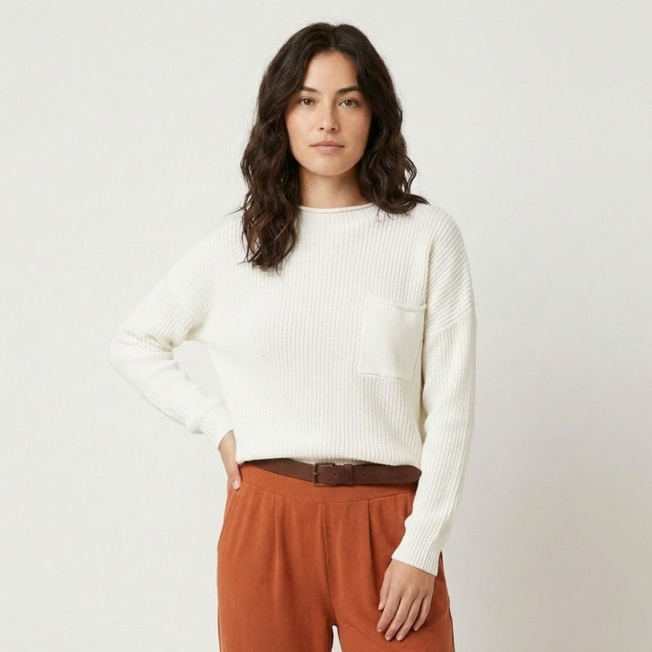 Relaxed-Fit Structured Knit Cotton Sweater with Front Pocket