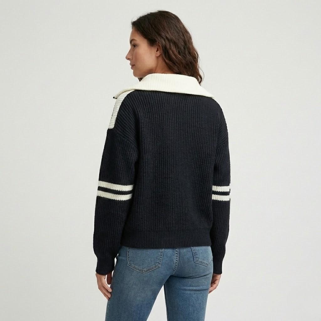 Contrast-Collared Ribbed Knit Sweater with Half Zip