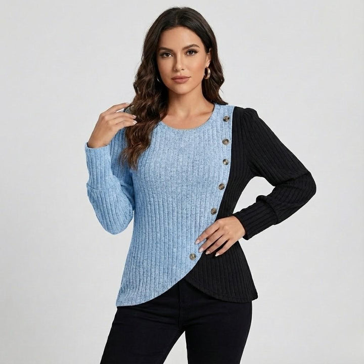 Flowing Asymmetrical Knit Sweater in Cotton Blend with Decorative Buttons