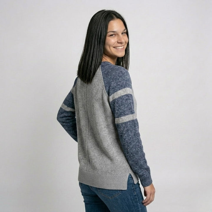 Casual Knitted Sweater with Contrasting Sleeves - Cotton and Polyester Blend