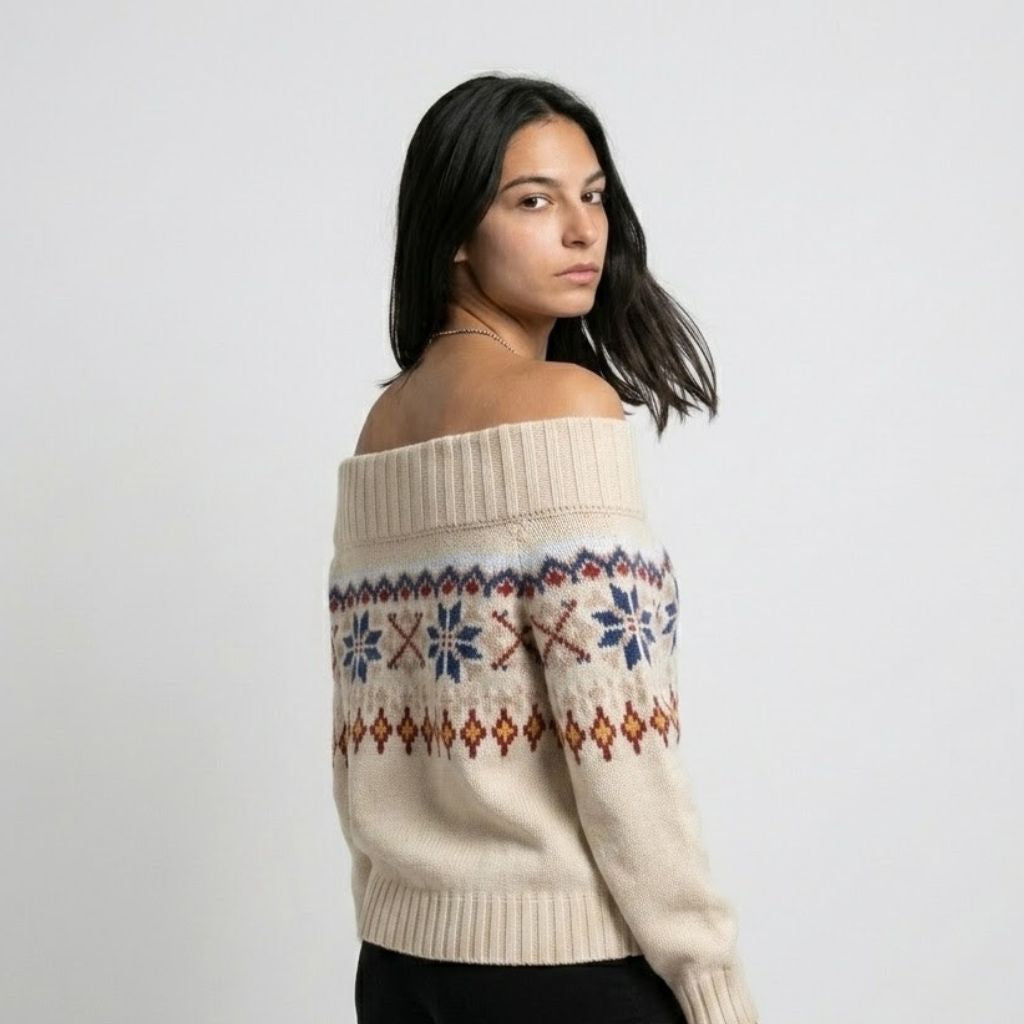 Off-the-Shoulder Nordic Pattern Sweater in Acrylic-Polyester Blend
