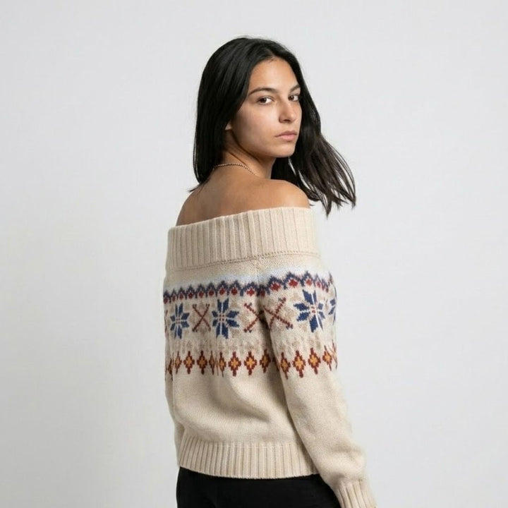 Off-the-Shoulder Nordic Pattern Sweater in Acrylic-Polyester Blend