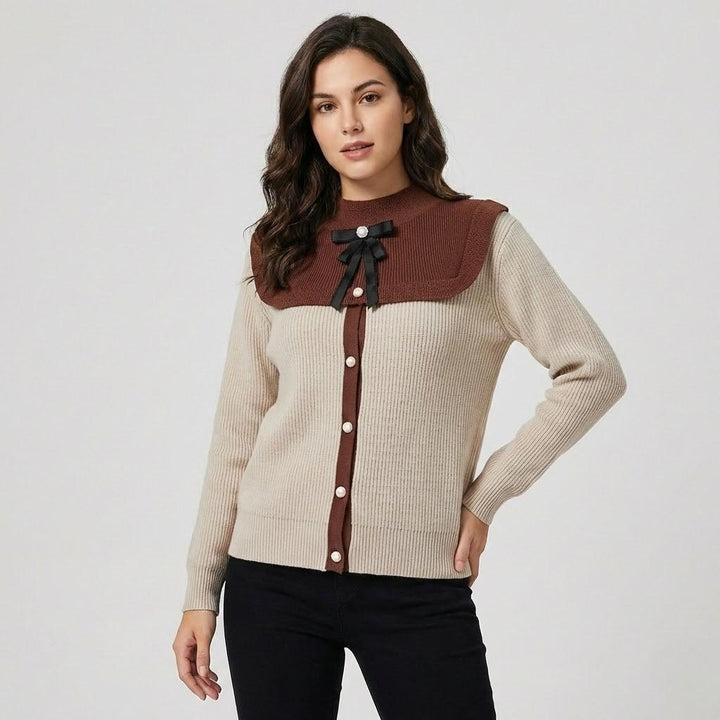 Chic Knitted Sweater with Contrasting Collar and Stylish Bow Detail