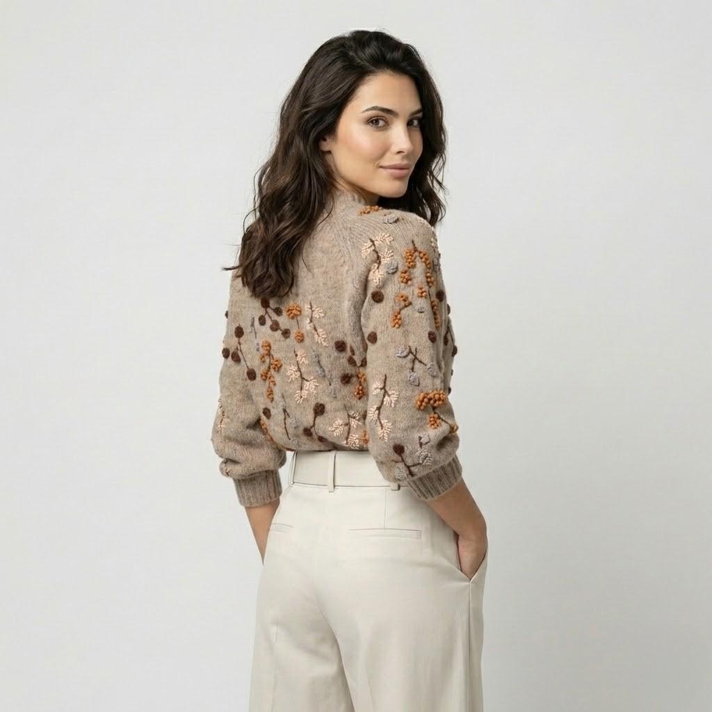 Cozy Knit Sweater Adorned with Handcrafted Floral Embroidery