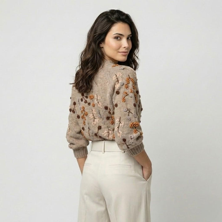 Cozy Knit Sweater Adorned with Handcrafted Floral Embroidery