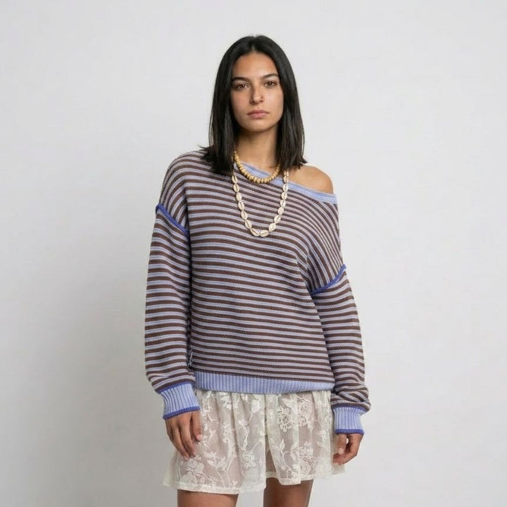 Casual Loose-Fit Cotton Sweater with Eye-Catching Stripes
