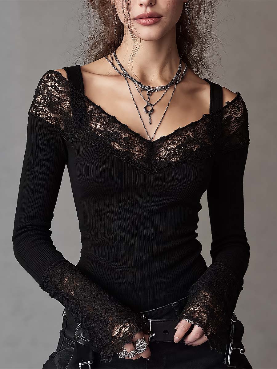 Lace-Trimmed Gothic Top with Open Shoulders, Long Sleeves, and Fingerless Hoods