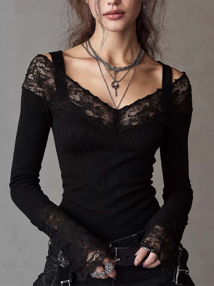 Lace-Trimmed Gothic Top with Open Shoulders, Long Sleeves, and Fingerless Hoods