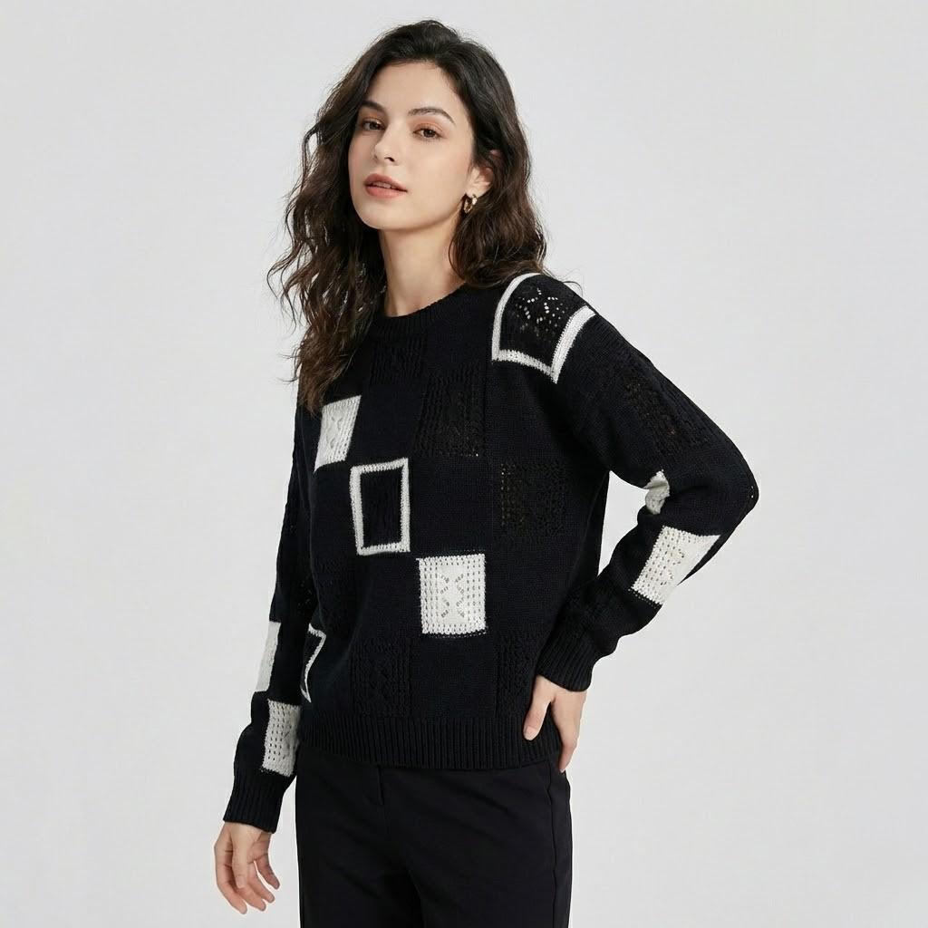 Modern Geometric Pattern Loose-Fit Knitted Sweater