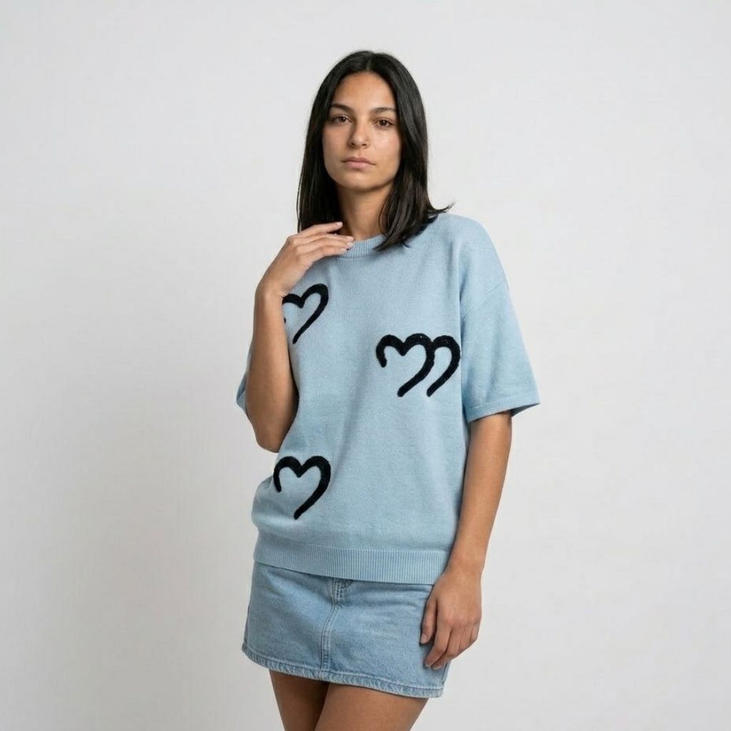 Relaxed Fit Cotton Short-Sleeve Sweatshirt with Heart Design