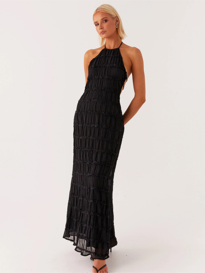 Black Pleated Maxi Dress with Adjustable Straps