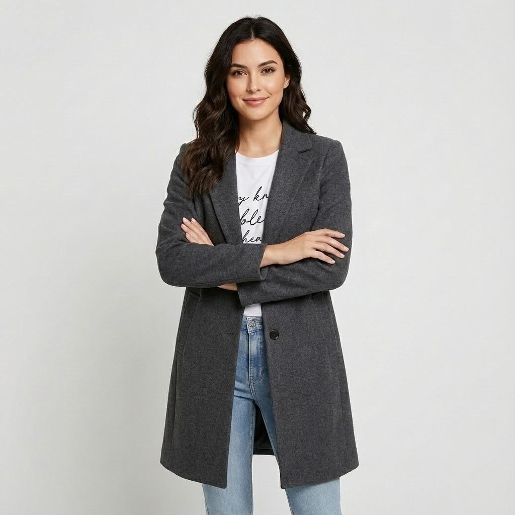 Chic Straight-Cut Coat Crafted from a Luxurious Polyester-Wool Blend with Button Closure