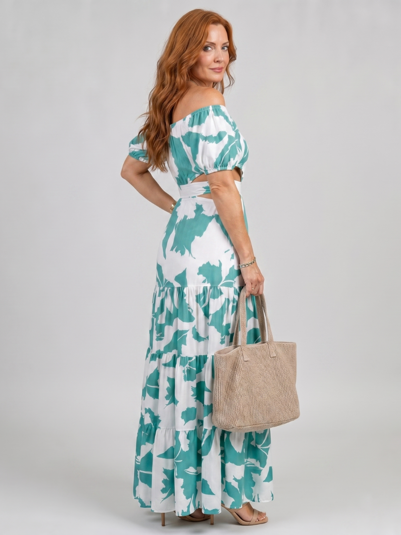 Orelina | Long Dress with Off-the-Shoulder Design and Strategic Cuts at the Waist