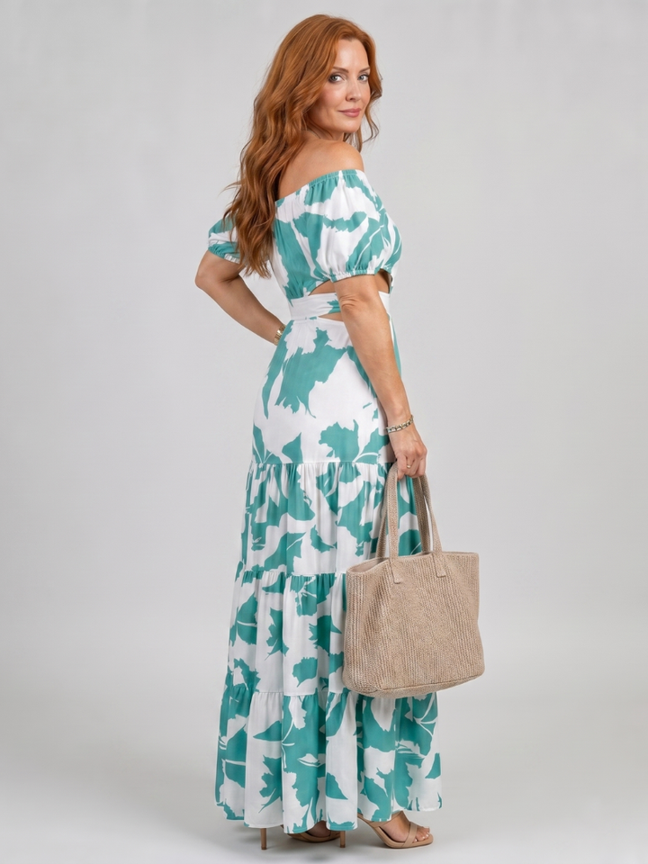 Orelina | Long Dress with Off-the-Shoulder Design and Strategic Cuts at the Waist