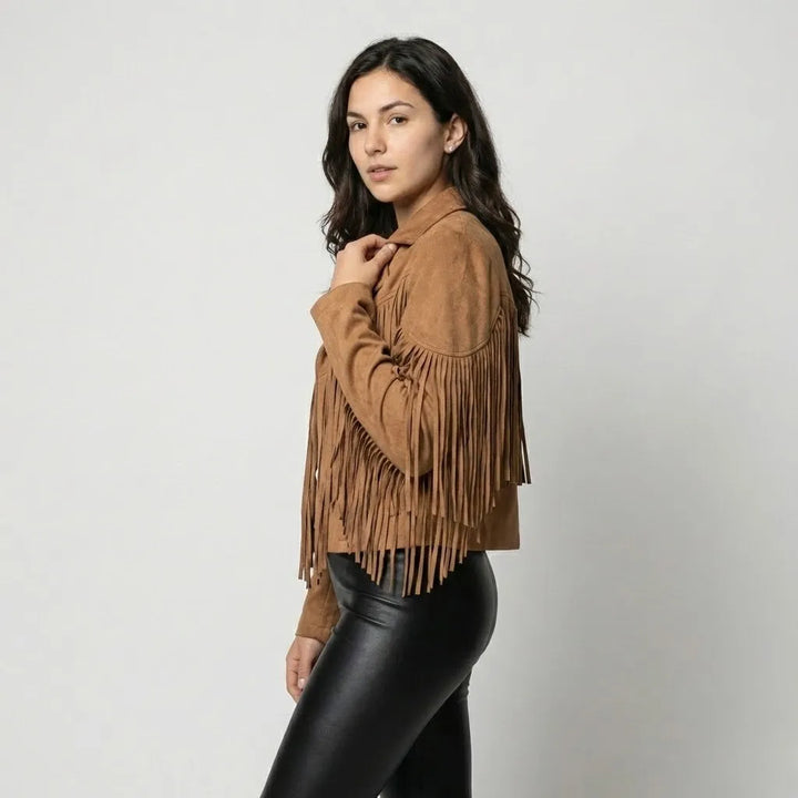 Boho-Inspired Short Jacket with Suede Finish and Fringe Details
