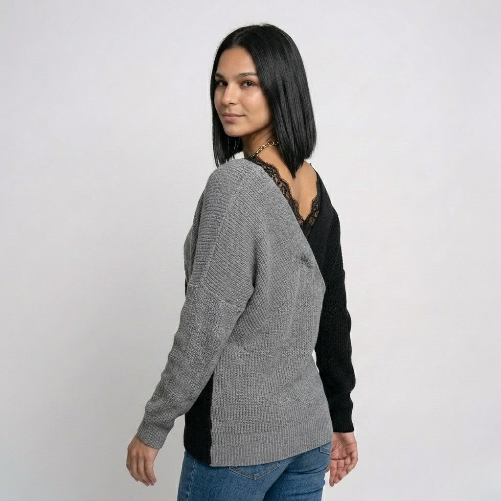Flowy Lace-Detail Knitted Sweater in Polyester-Elastane Blend