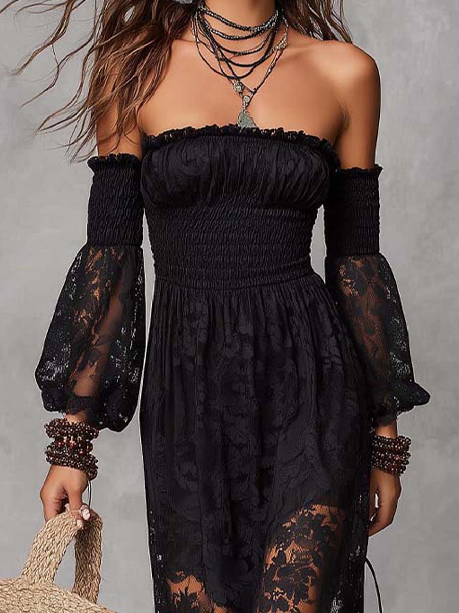 Elegant Black Satin Maxi Dress Featuring Lace Details