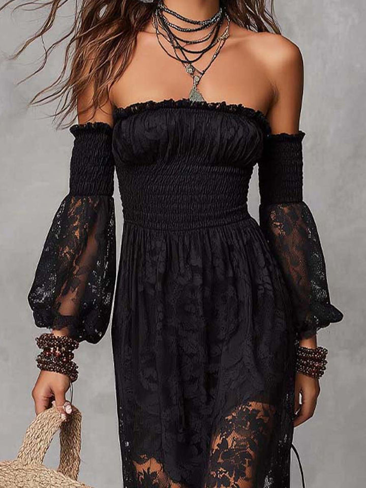 Elegant Black Satin Maxi Dress Featuring Lace Details