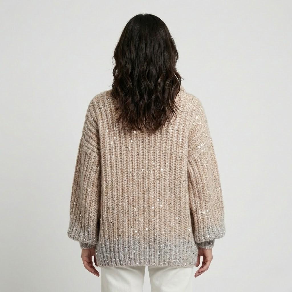 Shimmering Chunky Knit Sweater with High Collar and Front Closure