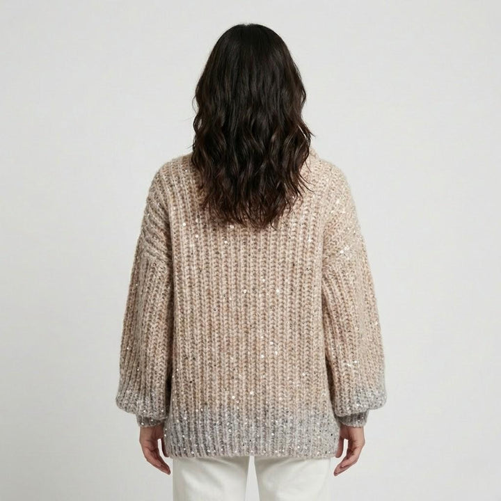 Shimmering Chunky Knit Sweater with High Collar and Front Closure