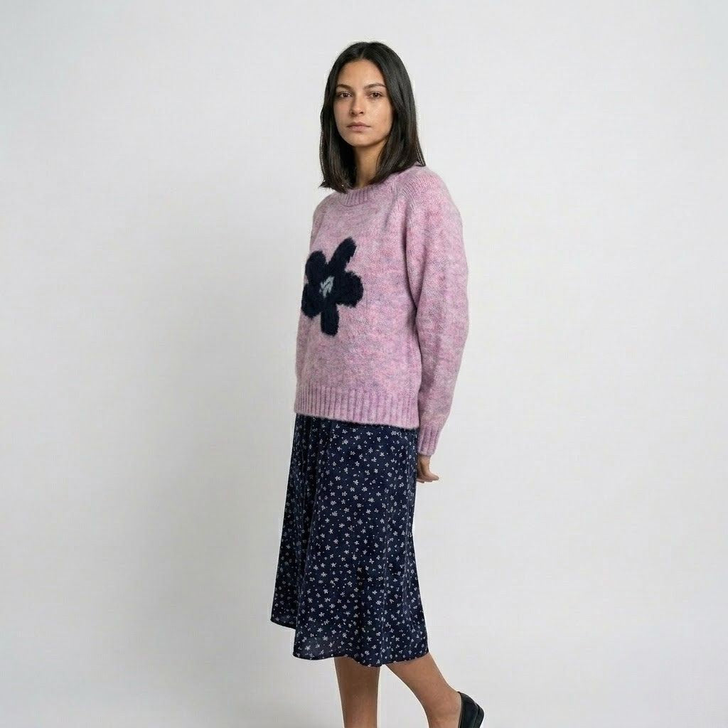 Floral Pattern Knitted Acrylic Sweater for Everyday Style