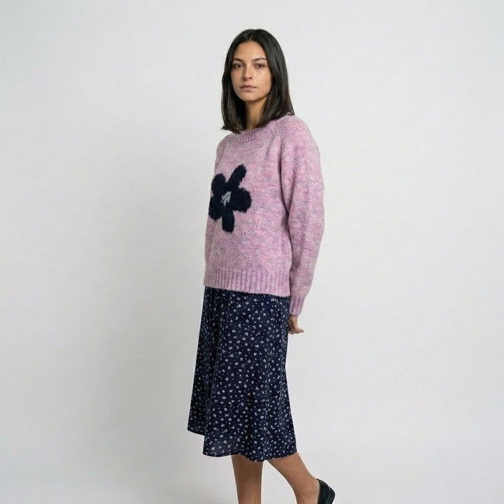 Floral Pattern Knitted Acrylic Sweater for Everyday Style