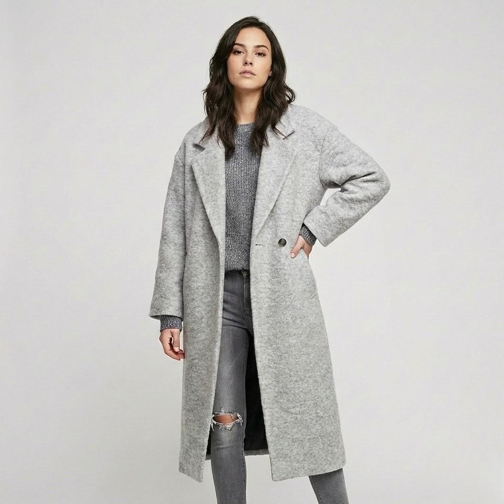 Straight-Cut Long Wool Coat with Unique Checked Design